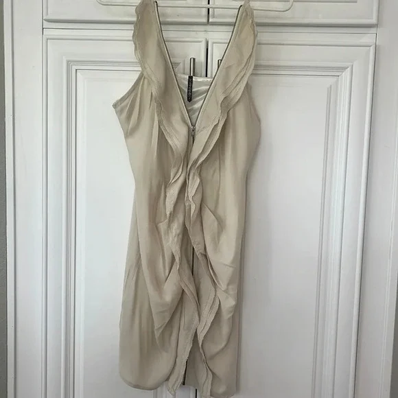 Gentle Fawn Mini Beige Cream Cascading Ruffle Zip Up spaghettini straps dress 6 - Picture 3 of 16